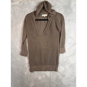 LOFT  Knit Sweater Women S Taupe Hood  3/4 Sleeve Tunic Top V Neck crochet